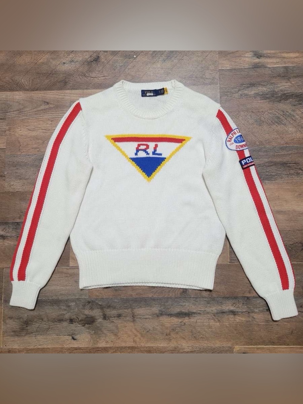 Women’s Polo Ralph Lauren Ski White Knit Crewneck Sweater Patches Size XS